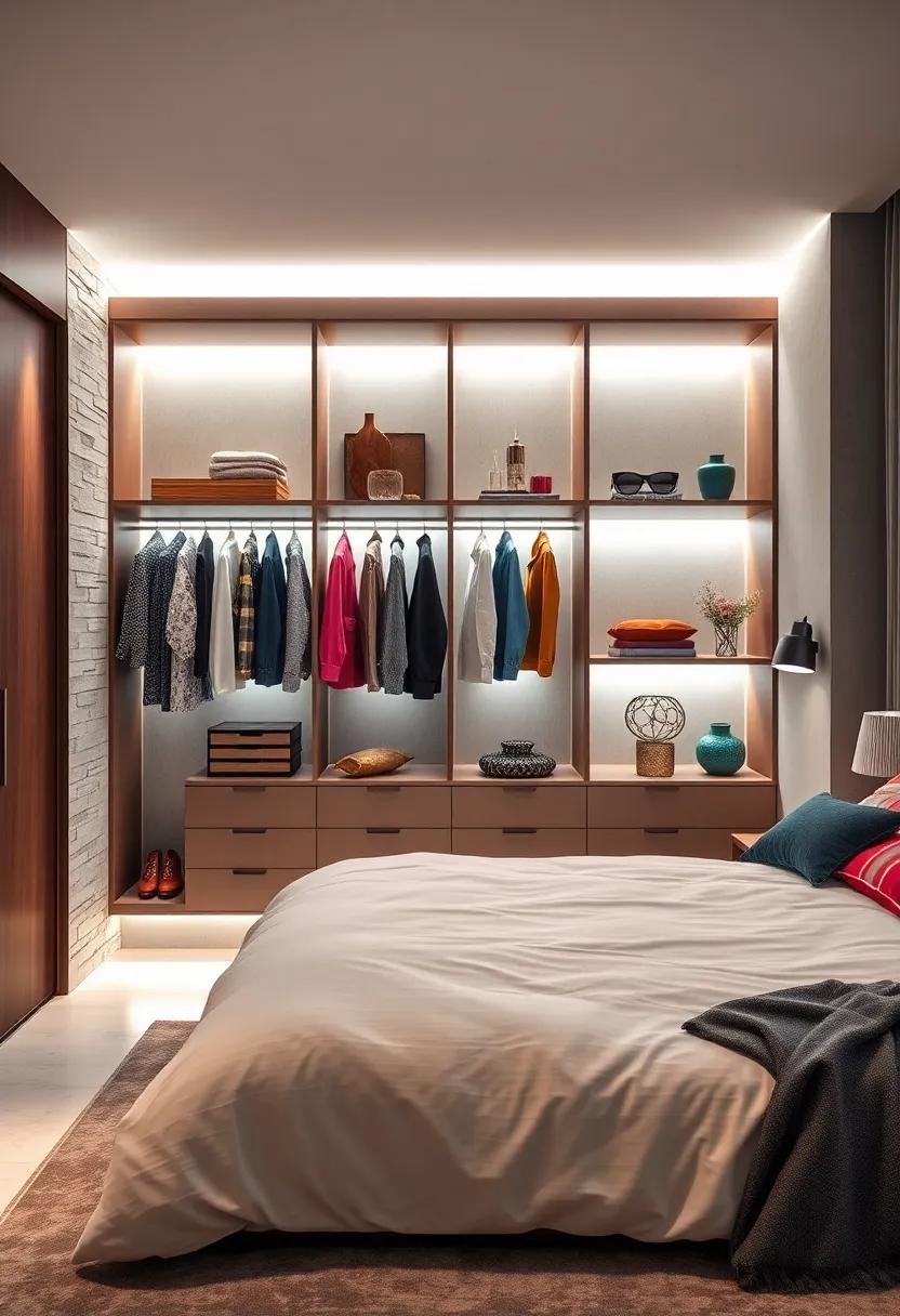 Soft Lighting: Introduce LED strip lights under your shelving to illuminate your clothing and accessories, enhancing the ambiance and showcasing your curated selections
