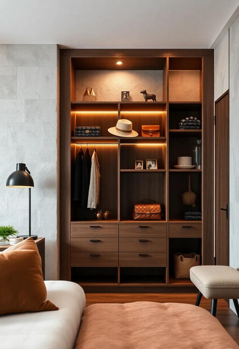 Statement Pieces: Make an impact by displaying standout pieces—like a vintage hat or special handbag—on open shelves, turning functional storage into an eye-catching feature
