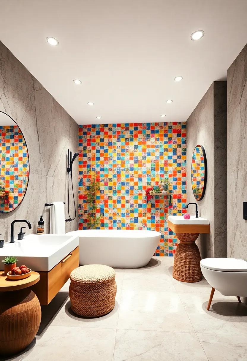 Vibrant colour Explosion: Transform your bathroom into a kaleidoscope of hues with a floor-to-ceiling mosaic accent wall that energizes the space