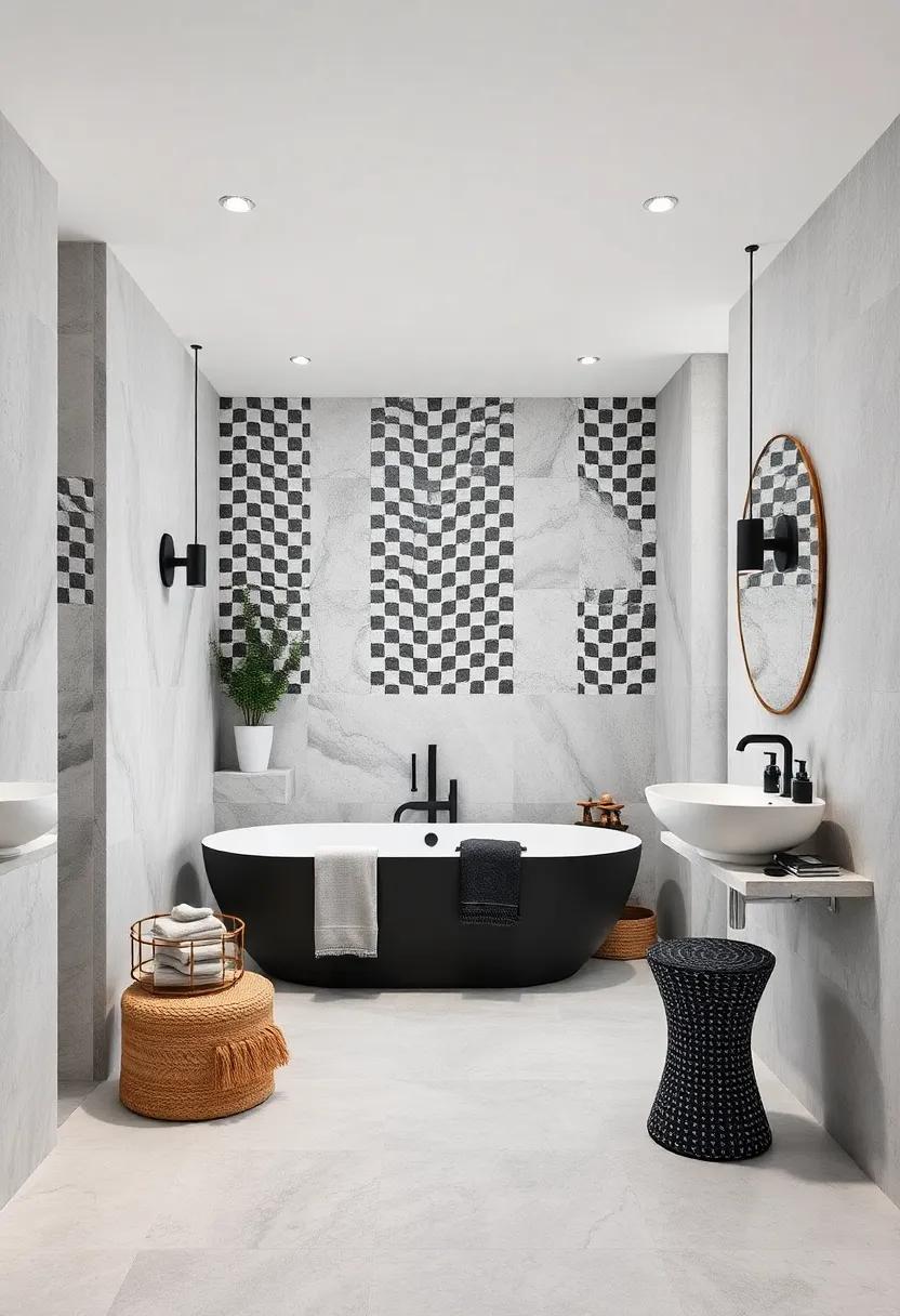 Classic Black and White: Capture timeless elegance with black and white mosaics that play with patterns to give your bathroom a chic, sophisticated flair