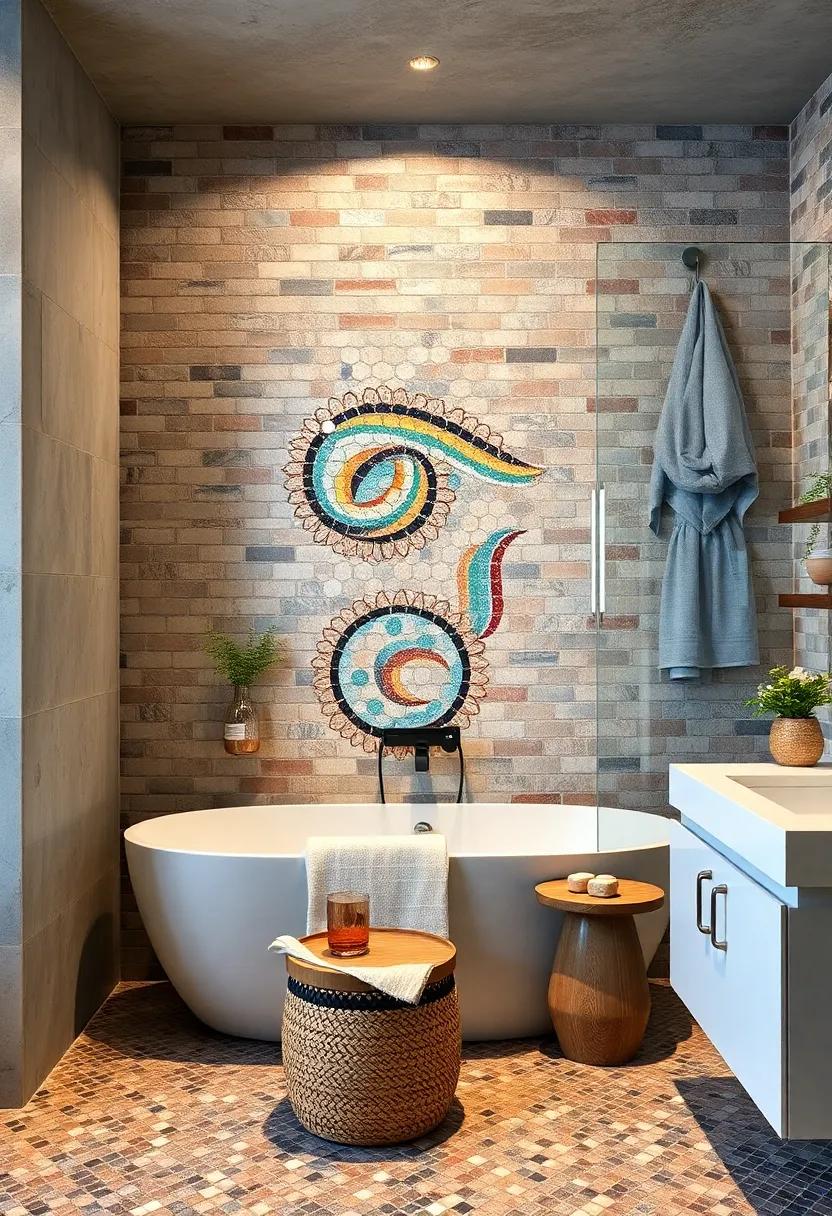 Industrial Glam: Marry raw aesthetics with glamour by using metallic mosaic tiles against exposed brick or concrete, perfect for an edgy bohemian feel