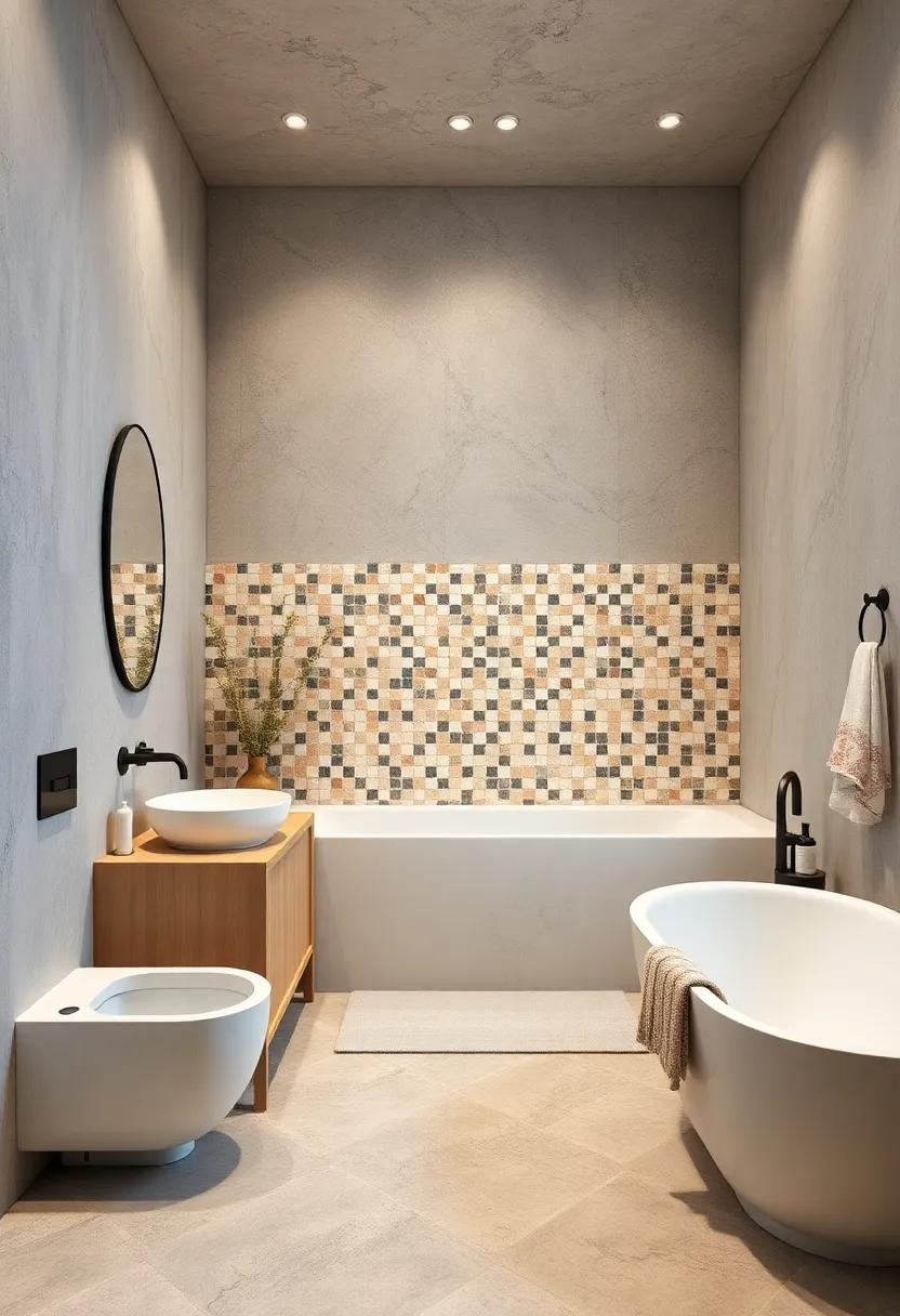 Rustic Elegance: Combine reclaimed wood accents with rustic mosaic tiles for a warm, inviting bathroom that feels like a cozy cottage retreat