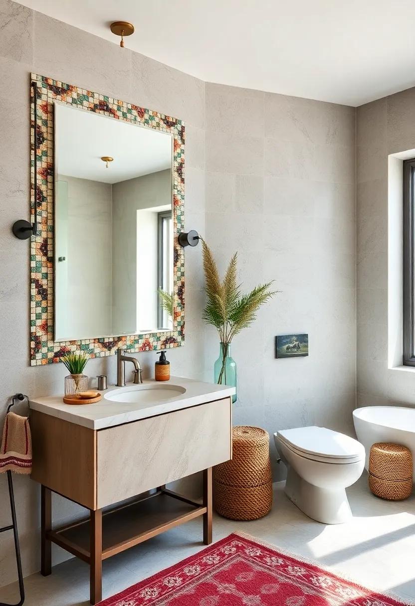 Bold Borders: Frame your space with striking mosaic borders around mirrors and vanities, adding a polished touch to your bohemian bathroom design