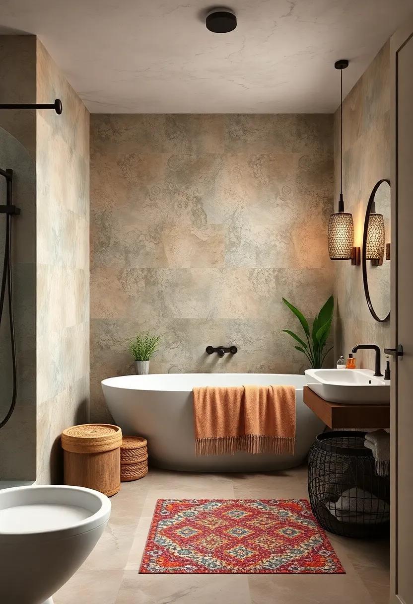 Eclectic Finishing Touches: Don't forget the small details! Include mosaic accents in towel racks, soaps, or even rugs to tie the entire bohemian look together