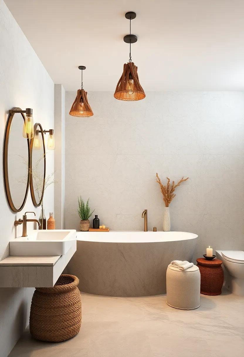 Driftwood Pendant Lights: Embrace the natural beauty of driftwood with unique pendant fixtures that add character and warmth to your coastal bathroom