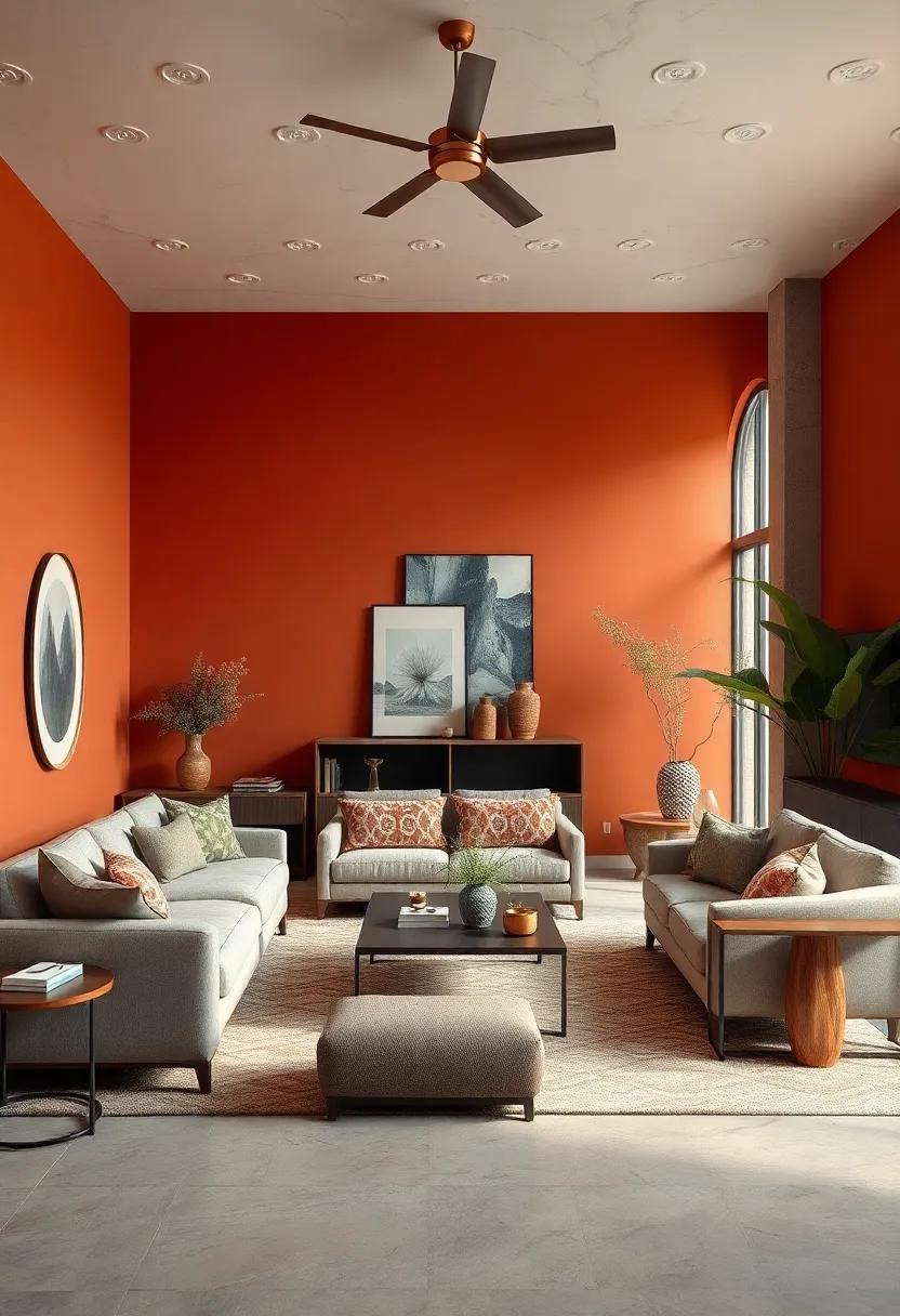 Earthy Abstract: Blend terracotta, muted olive, and charcoal gray for a modern, organic feel that harmonizes with natural surroundings