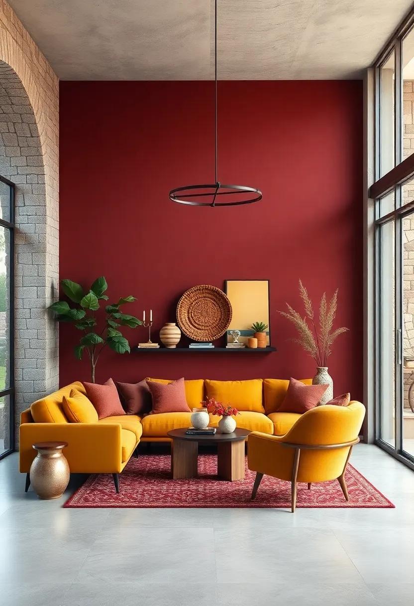 Rustic Chic: Combine deep burgundy with warm mustard and cream for an inviting, homey feel that warms up any space