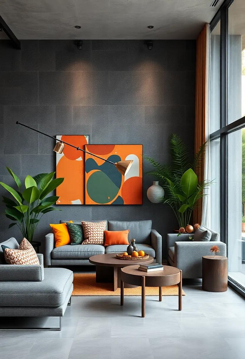Urban forest: Combine charcoal gray with vivid greens and touches of burnt orange, creating a dynamic contrast that invigorates your space with energy