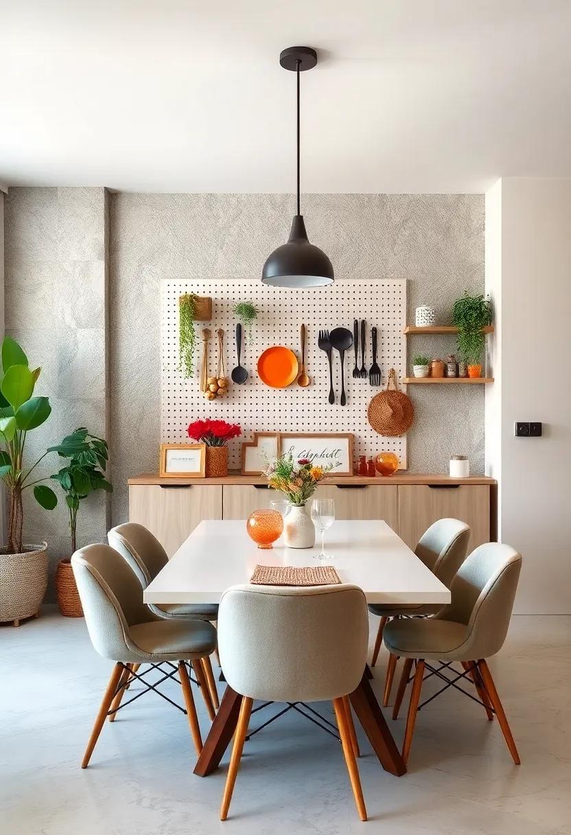 install a Pegboard for Easy​ Organization: A pegboard‌ can serve as an attractive way⁤ to store ‍kitchen utensils‌ and decorative items, keeping your dining ⁢space tidy