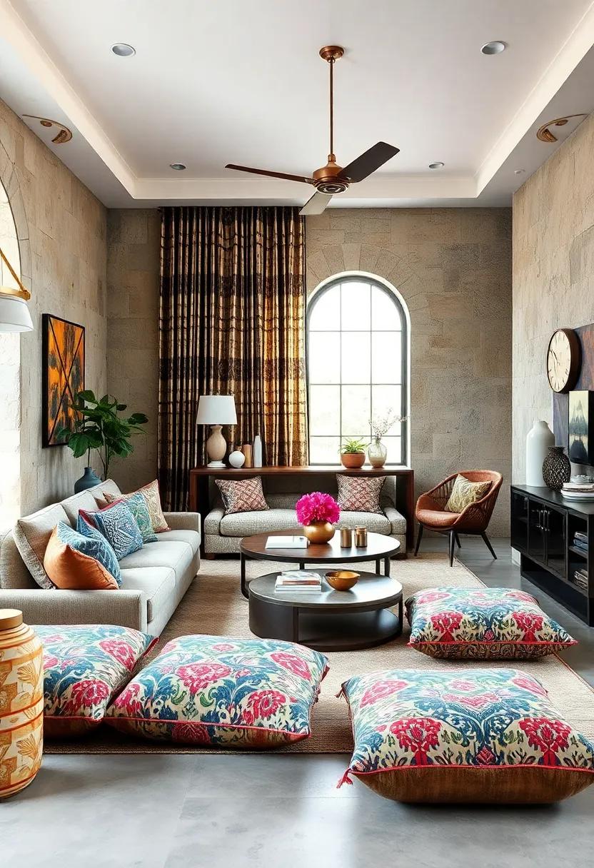 Dramatic Accessories: Opt for oversized patterned floor cushions that invite lounging while showcasing bold designs