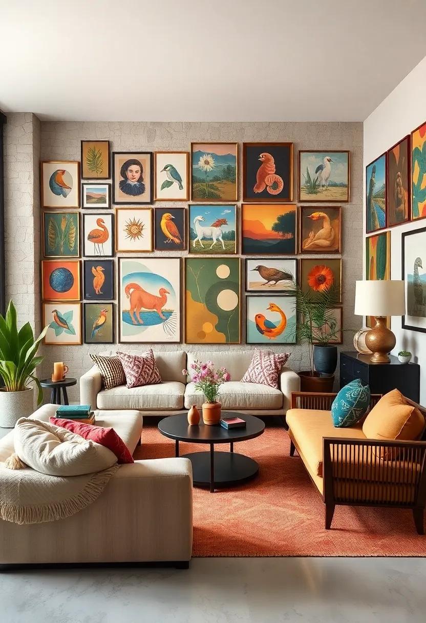 Theme Your ​Accessories: match your decorative accessories, like pillows and rugs, to complement the vibe of your art collection