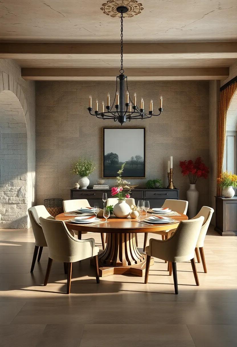 Use a large round​ dining table to encourage conversation and togetherness during meals