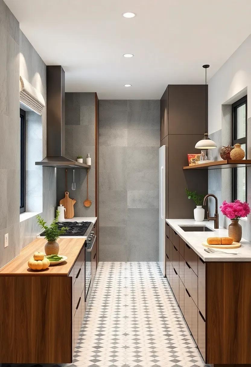 Pattern Play: Embrace patterned tiles or countertops to add character and dynamism to your galley kitchen