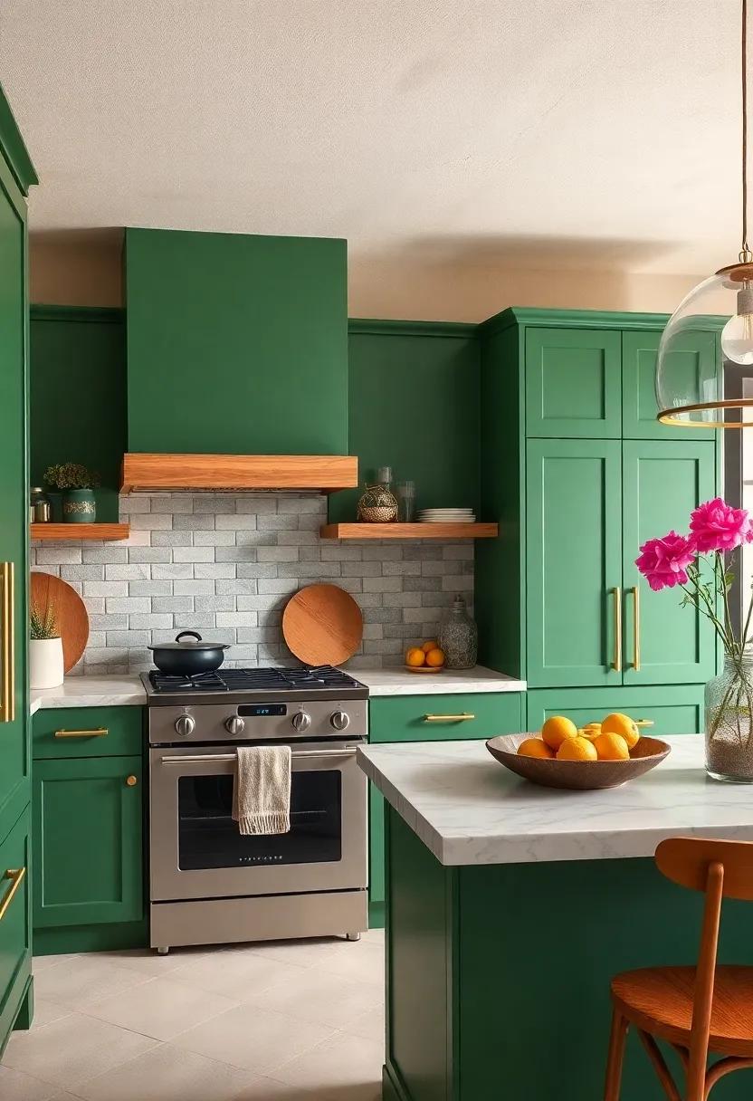 Artisanal Touch: Incorporate handmade cabinet pulls and knobs in coordinating colors to create a handcrafted feel that matches your green cabinetry