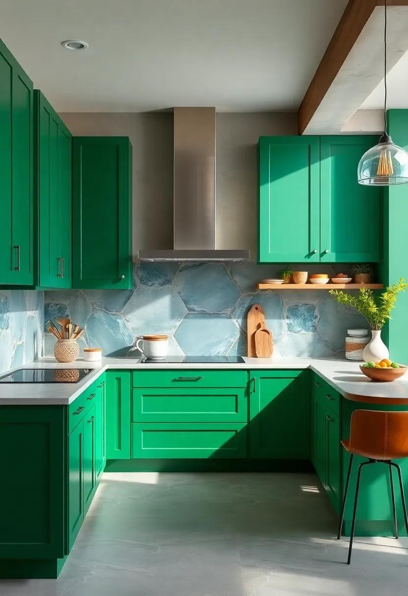 Artistic Flair: Paint your cabinets a custom art-inspired green hue and intertwine unique patterns or colors for a truly one-of-a-kind kitchen design