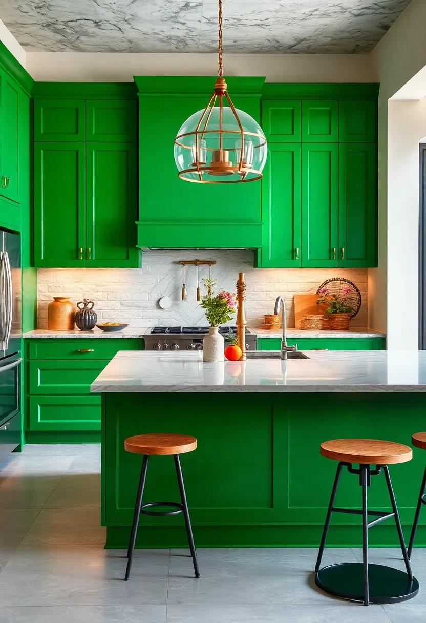 Bold Kitchen Island: Make a statement with a vibrant emerald green kitchen island that serves as the focal point of your culinary space, inviting friends and family to gather