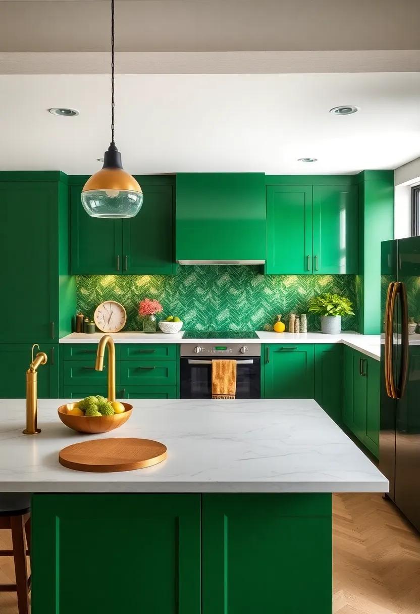 Bold Patterns: Embrace bold wallpaper or a striking backsplash design in a green pattern that complements your cabinets for a dynamic kitchen aesthetic
