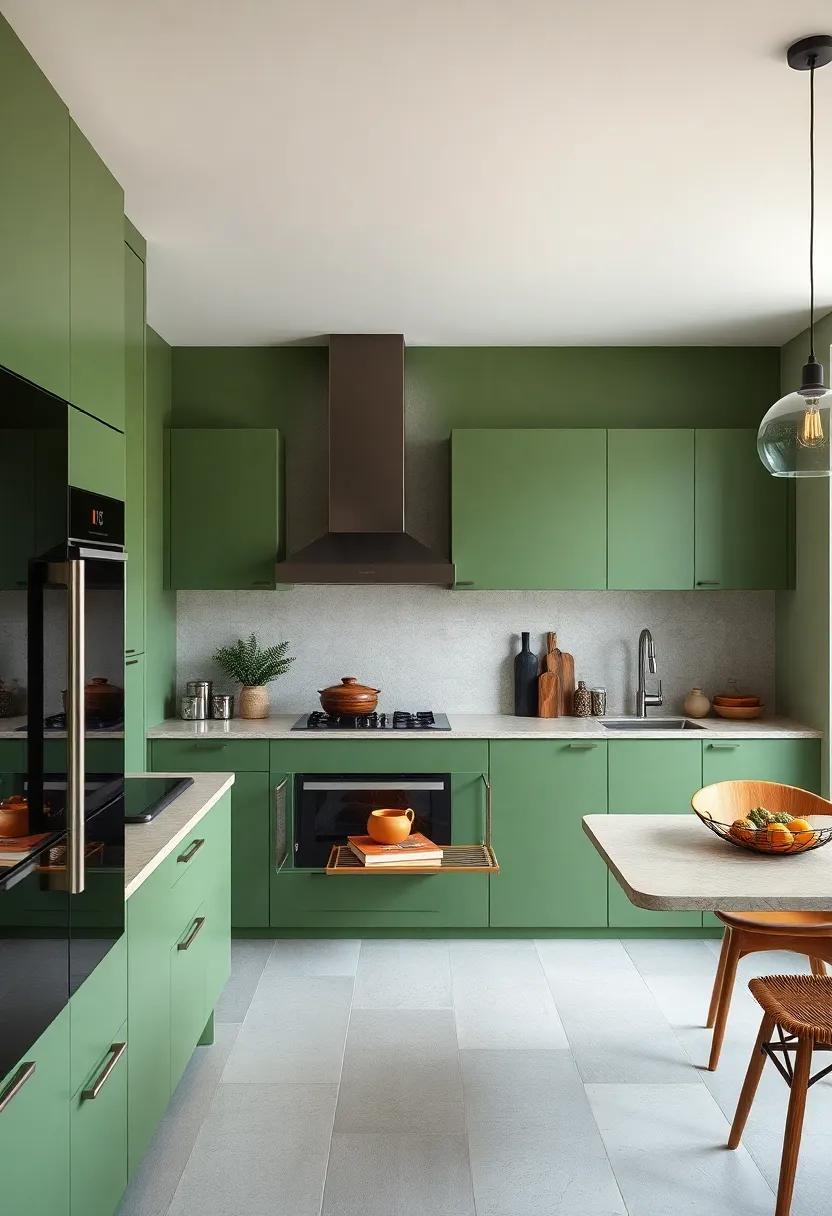 Chic and Minimalist: Choose sleek, flat-front cabinets in a muted green shade to emphasize a minimalist design while providing a subtle touch of color