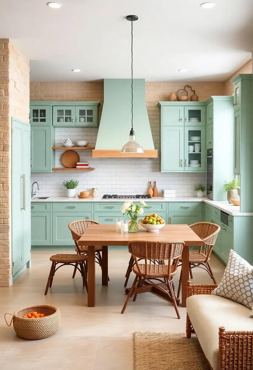 Coastal Influence: Light aqua green cabinets embody a breezy coastal style, especially when paired with sandy beige tones and ocean-themed decor