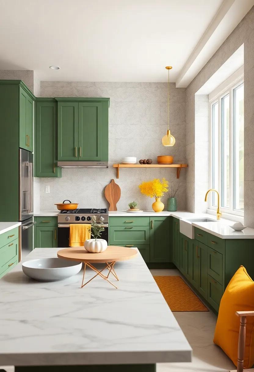 Complementary Colors: Accent your green cabinets with pops of yellow and gold for a cheerful combination that brightens up the kitchen