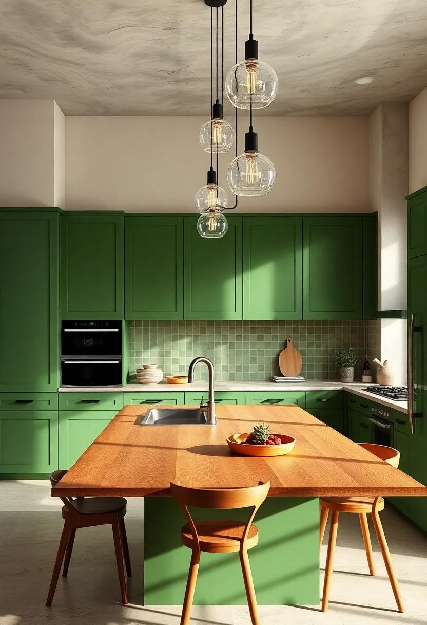 Creative Lighting: Install unique pendant lights above your green cabinets to highlight their shade and bring warmth to the space
