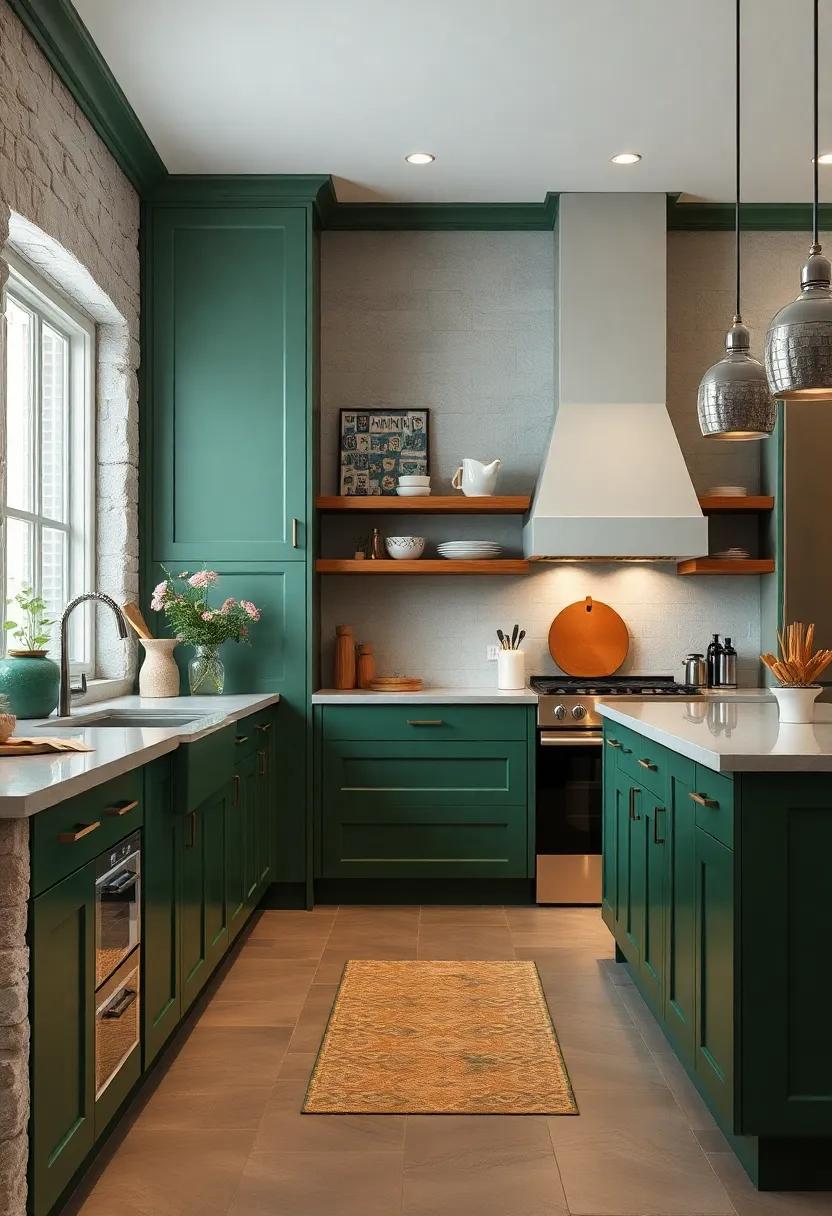 Eclectic Mix: Use a mix of varying shades of green in your cabinets to create an eclectic look while maintaining cohesion through consistent hardware