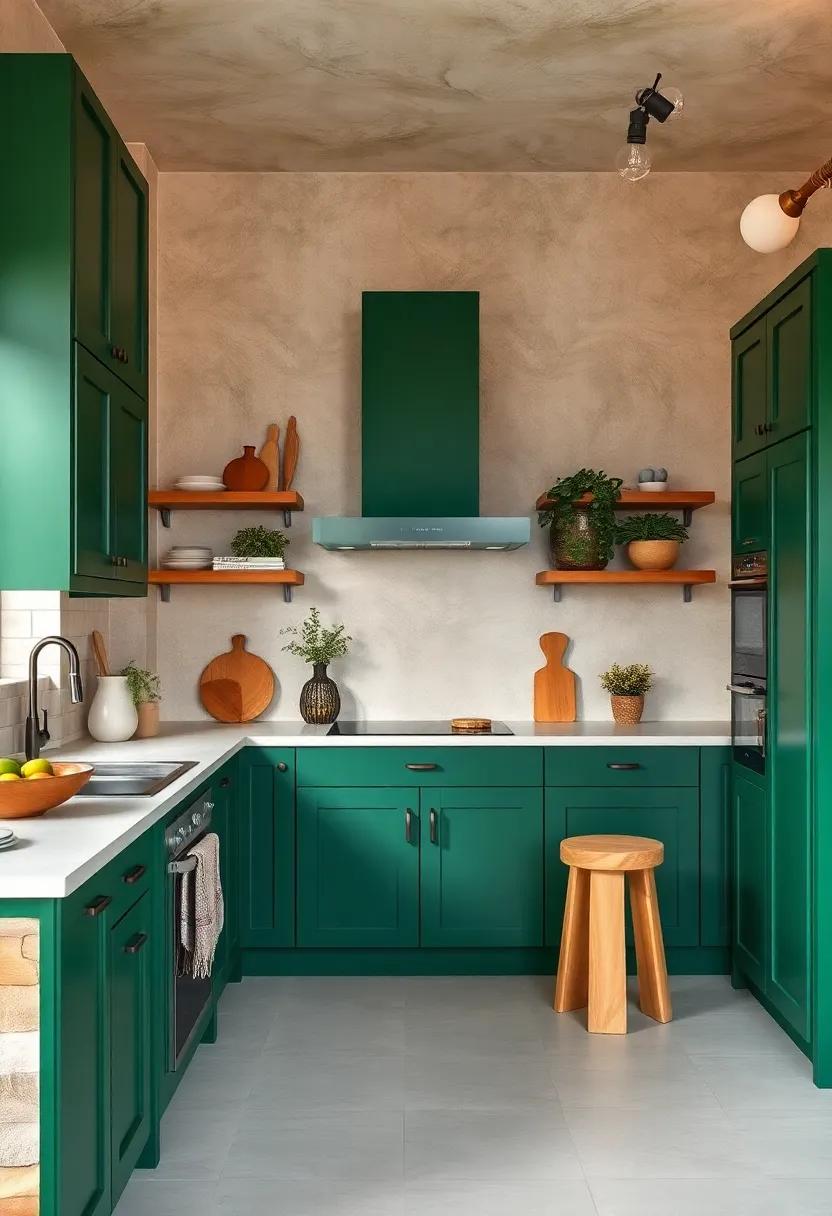 Embrace the Forest Vibe: Opt for deep forest green cabinets paired with warm wooden accents to create a cozy and inviting kitchen atmosphere