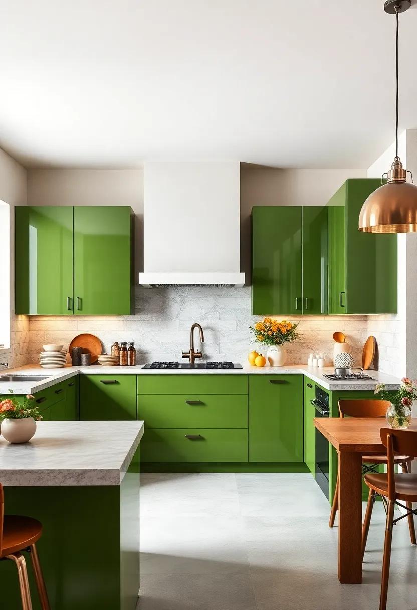Glossy Finish: Create a modern twist with glossy olive green cabinets that reflect light, making your kitchen appear larger and more luxe
