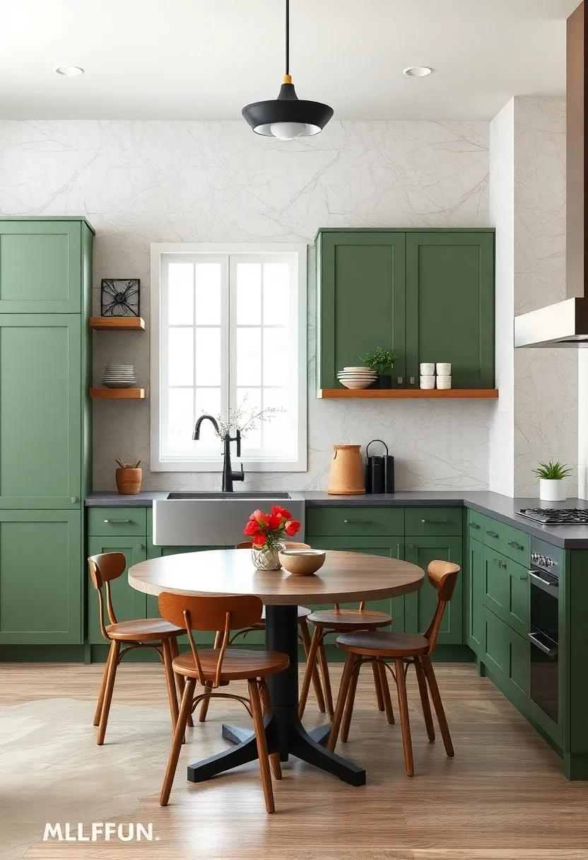 Juxtaposition with Neutrals: Use smooth sage green cabinets alongside charcoal gray countertops for a bold contrast that’s both modern and sophisticated
