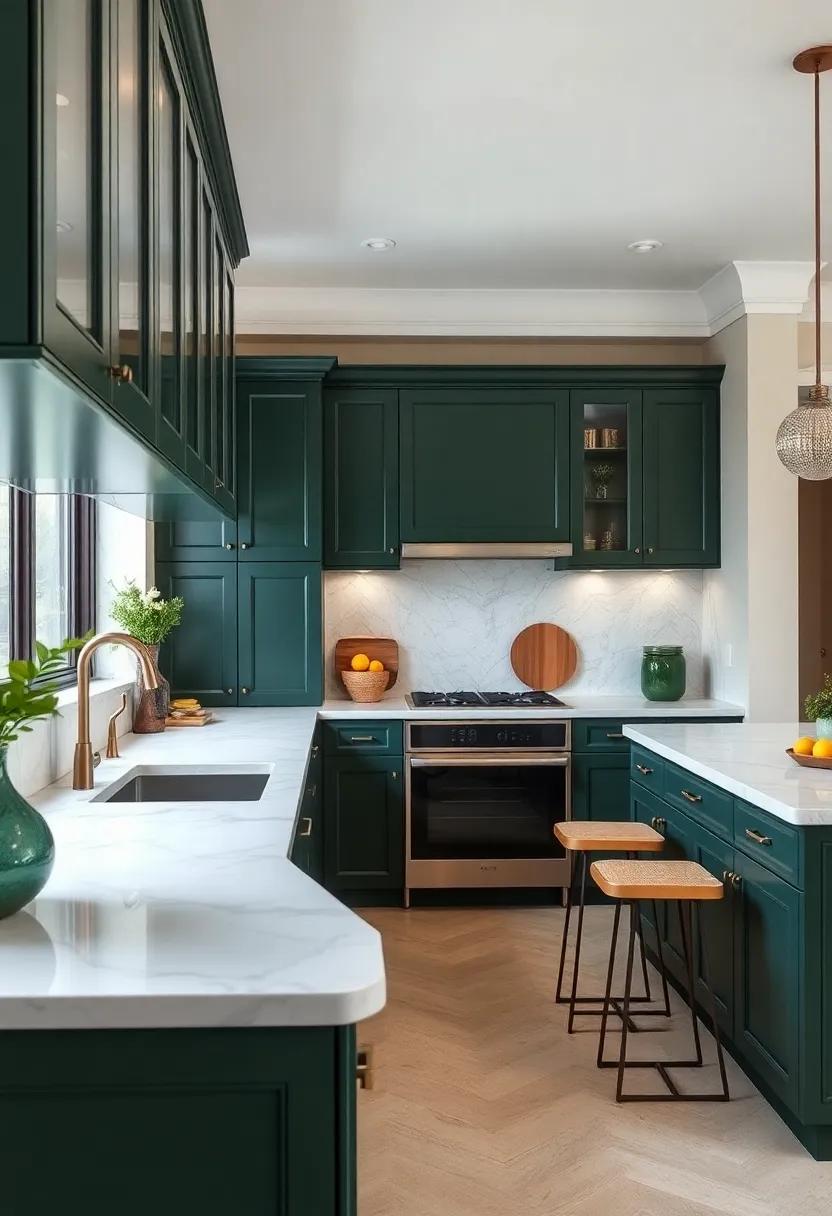 Lavish marble Touch: Pair dark green cabinets with luxurious white marble countertops for an elegant, high-end kitchen aesthetic