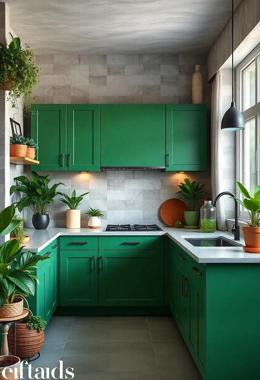 Lush Garden Vibes: Utilize a vibrant leafy green for your cabinets and add various houseplants around the space for a lush, garden-like ambiance