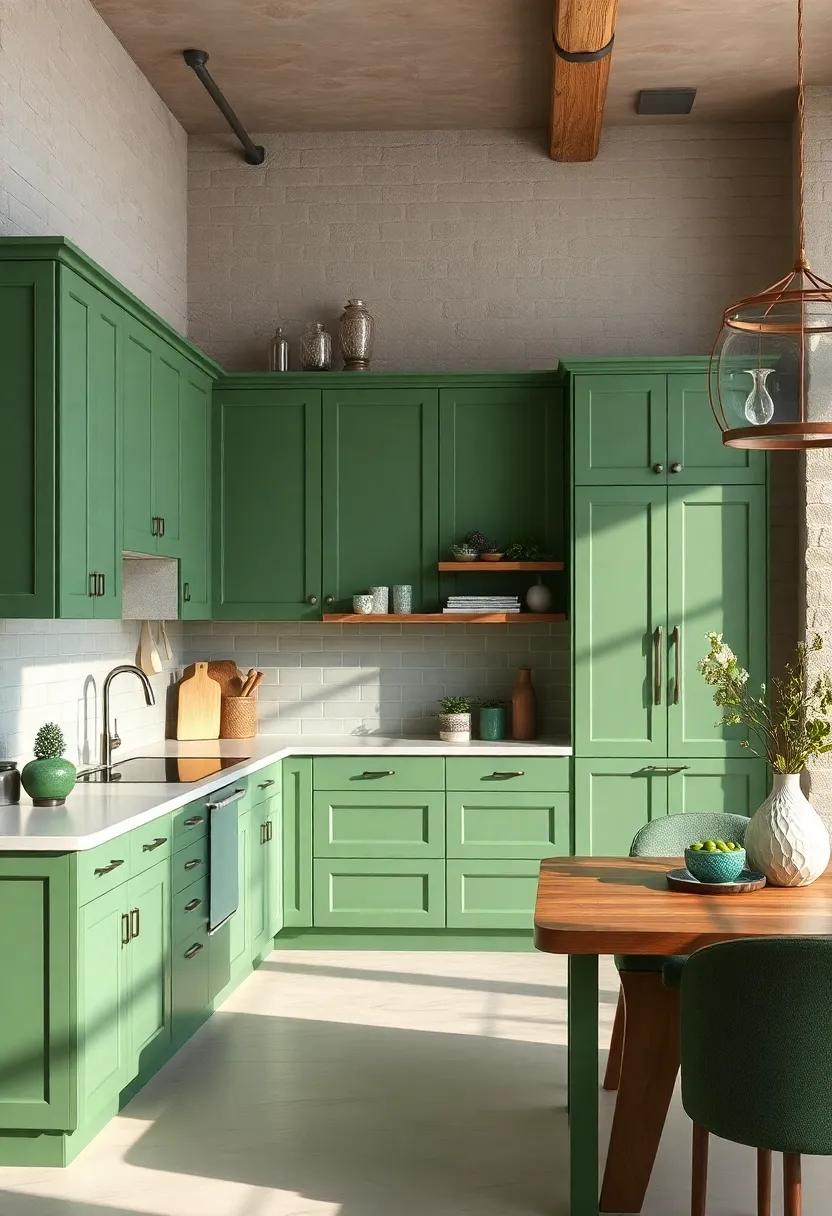 Monochromatic Elegance: Approach the monochrome trend by selecting varying shades of green for your cabinets and accessories to create a cohesive,elegant look