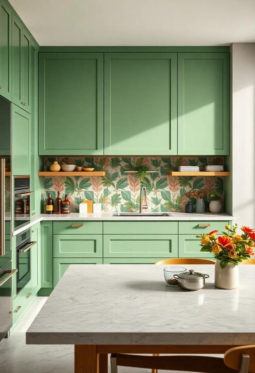 Nature-Inspired Tiles: Use botanical tile backsplashes with your green cabinetry to enhance the natural vibe and create an organic feel in the kitchen