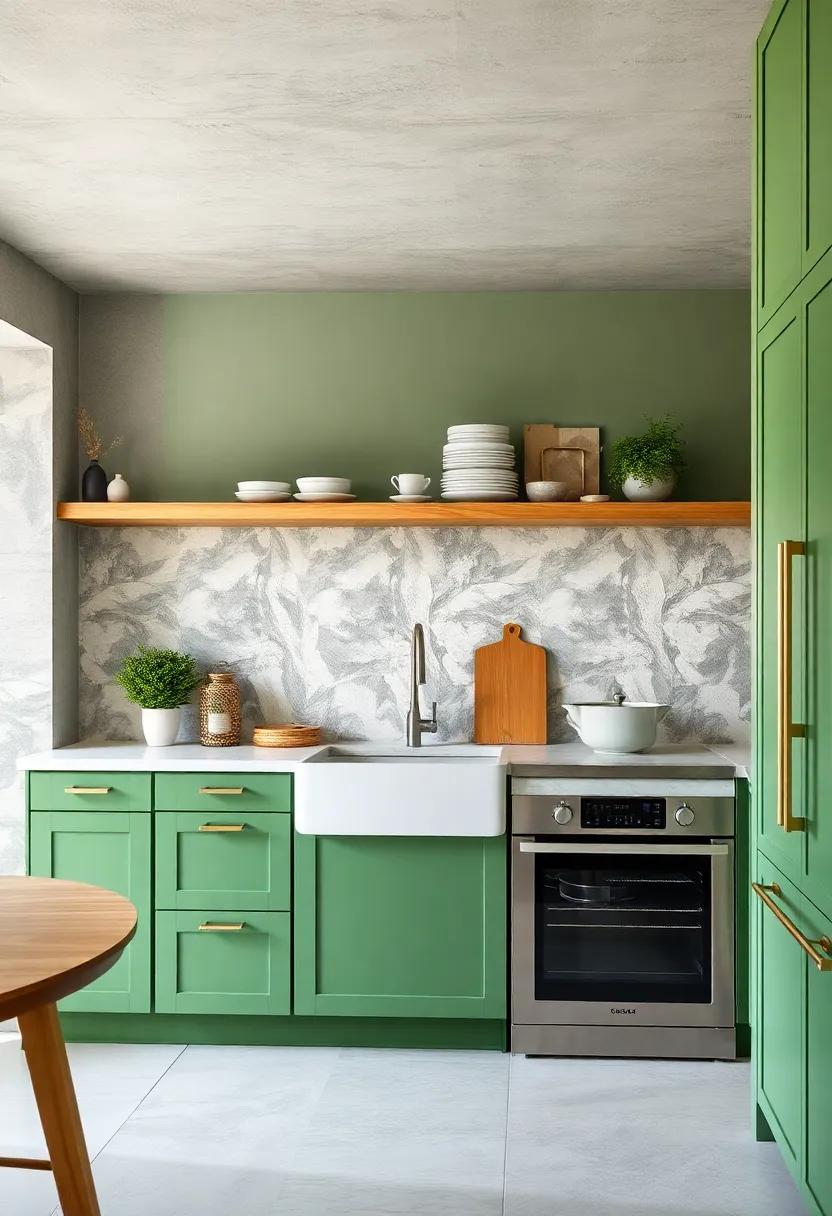 Open Shelving Accents: Pair green lower cabinets with open wooden shelving above to showcase beautiful dishware while keeping the space airy and open