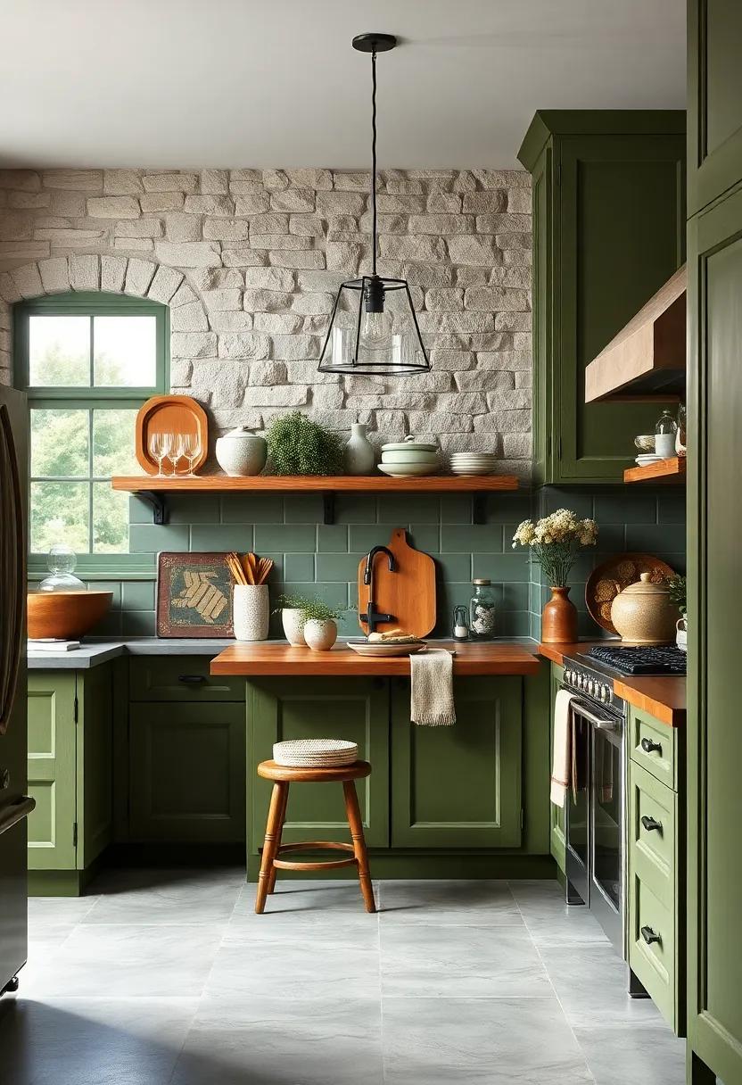 Rustic Charm: use distressed olive green cabinets paired with vintage decor for a rustic farmhouse aesthetic that feels both timeless and homey