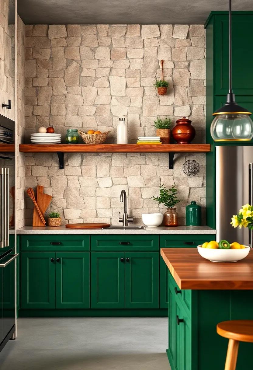 Rustic Meets Modern: Blend rustic reclaimed wood shelving with rich green cabinets to create a striking juxtaposition of styles that feels both grounded and contemporary