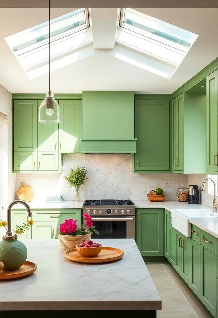 Skylight Brilliance: Maximize natural light in your kitchen with light green cabinets paired with ample skylights, creating a serene and vibrant atmosphere