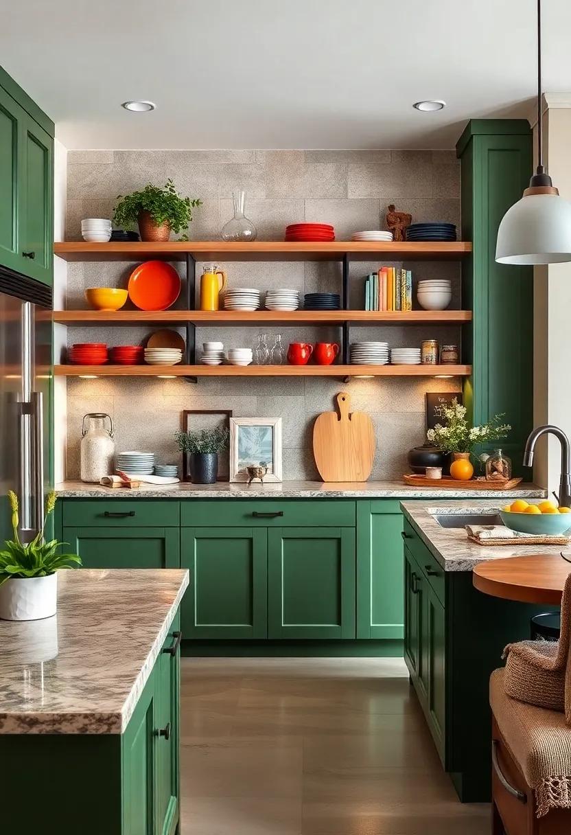 Smart Storage Solutions: Implement open shelving alongside your green cabinetry, showcasing colorful dishware and cookbooks to personalize and enliven the kitchen space