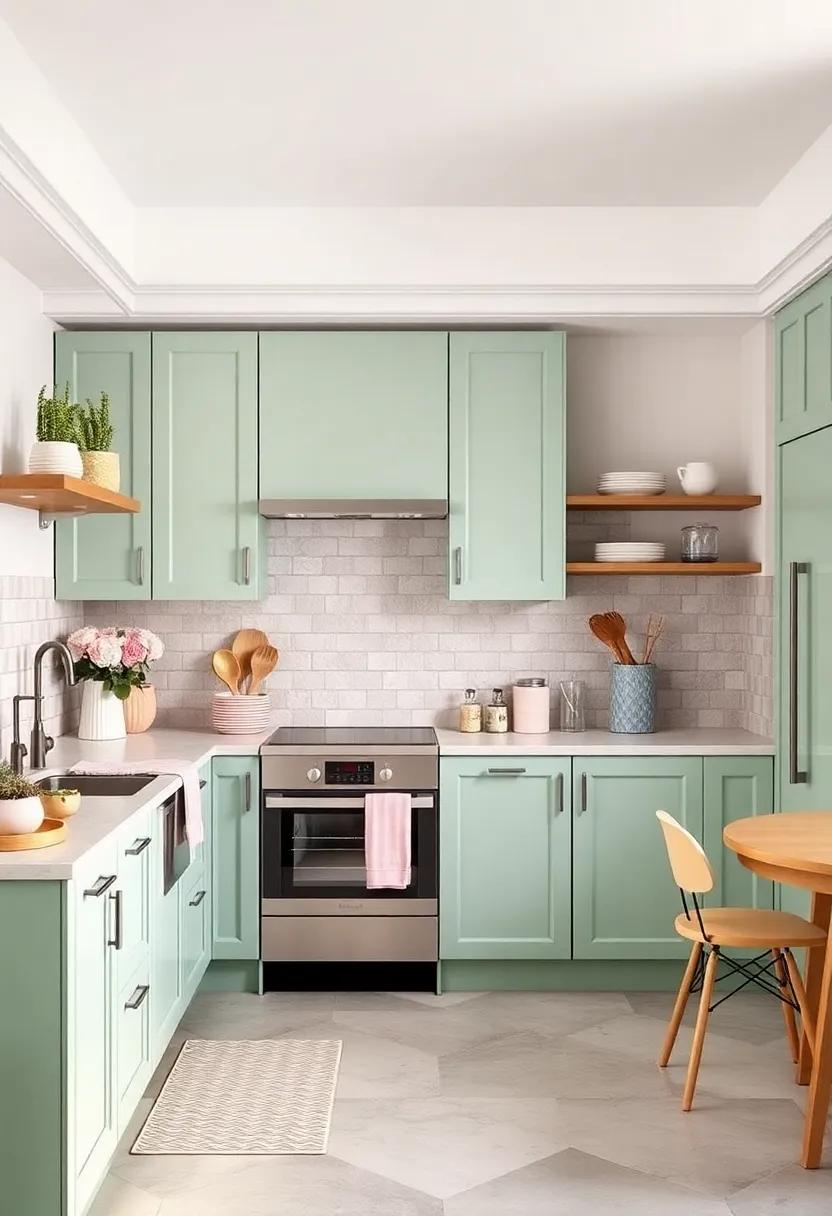 Soft pastel Palette: Merge soft pastel green cabinets with pastel pink or lavender accents for a whimsical touch that’s perfect for a cheerful space
