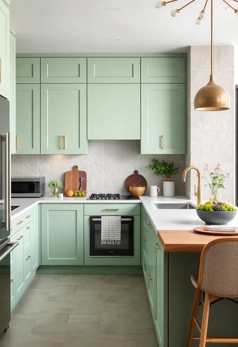soft Seafoam: Choose soft seafoam green for cabinet doors and balance it with clean white counters for a light and airy feel that's perfect for small spaces
