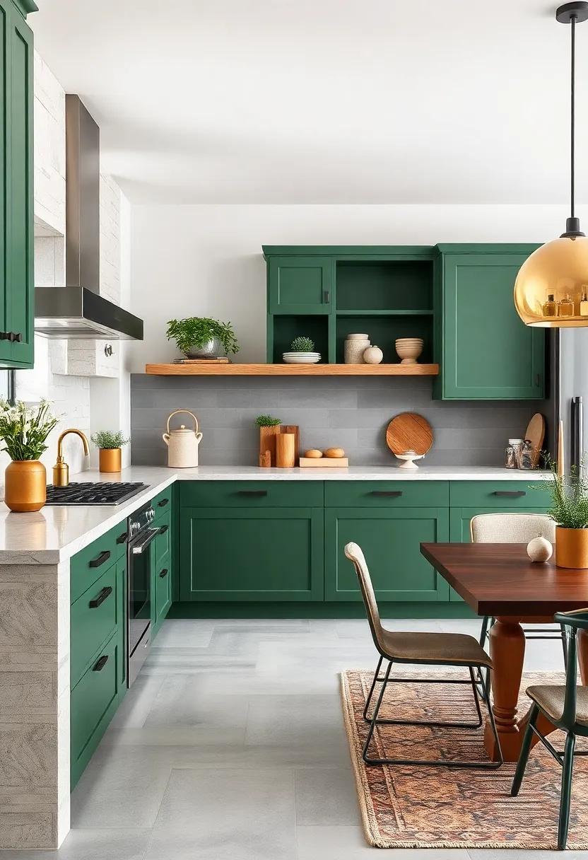 Statement Handles: Select oversized brass or matte black handles for your green cabinetry to elevate the overall look and add a modern flair