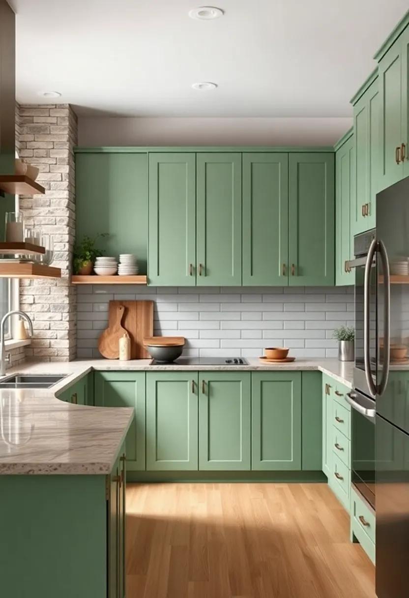 Textured Elements: Incorporate textured cabinet finishes like shiplap or beadboard in soft green for a charming touch that enhances the visual interest