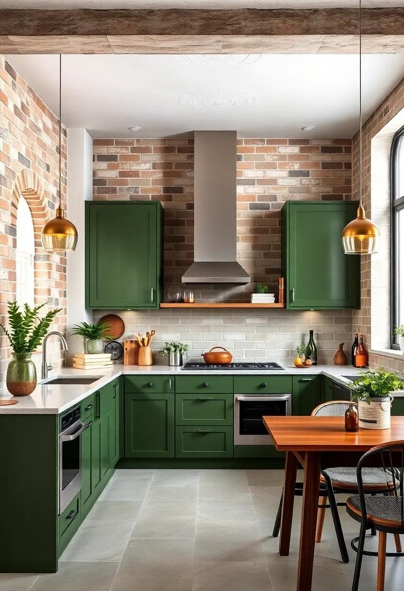 urban Chic: Choose a deep olive green for cabinets and complement it with industrial elements—think exposed brick walls and stainless steel appliances