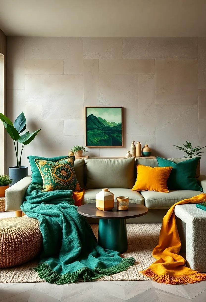 Layered Textures with ⁢Blankets: use a variety of⁤ green and gold throw blankets to add⁤ warmth and comfort,​ creating a cozy ⁢atmosphere perfect for relaxation
