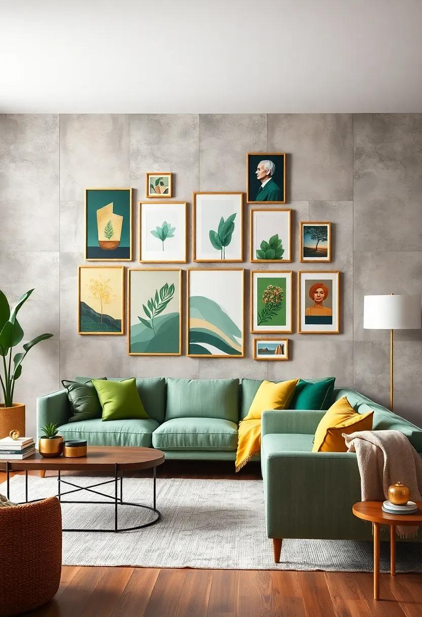 Eclectic Gallery Wall: Design a gallery wall with a mix ⁢of green⁤ and gold artwork alongside personal photos,making your living room uniquely yours