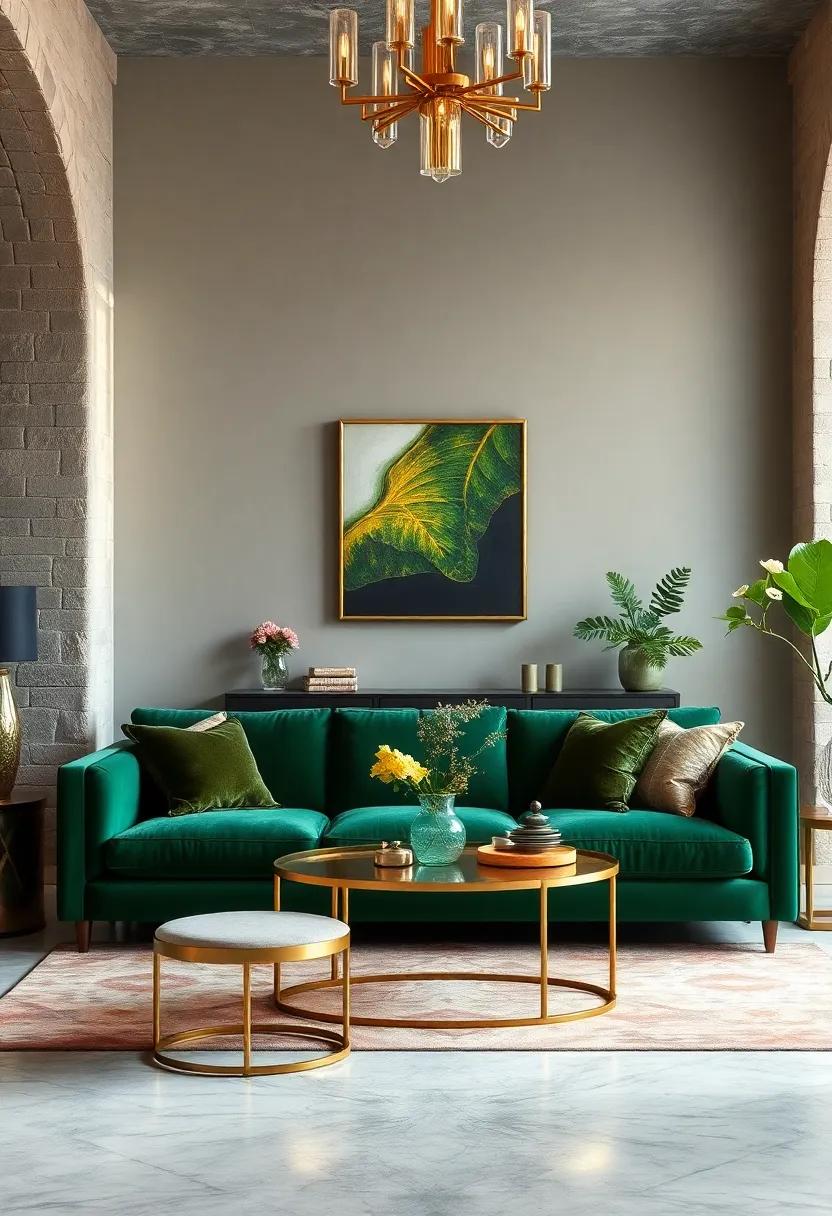 Green Velvet ‌Sofa: A rich green velvet sofa serves as a statement piece ‌that exudes elegance and comfort while ⁤harmonizing beautifully ⁤with gold accents
