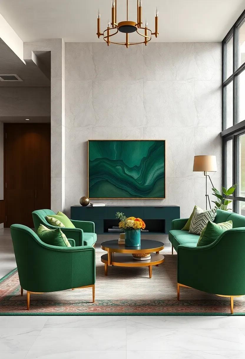 Bold Accent Chairs: Choose accent chairs in deep green hues with gold legs or​ embellishments ‌to inject personality and style into your space