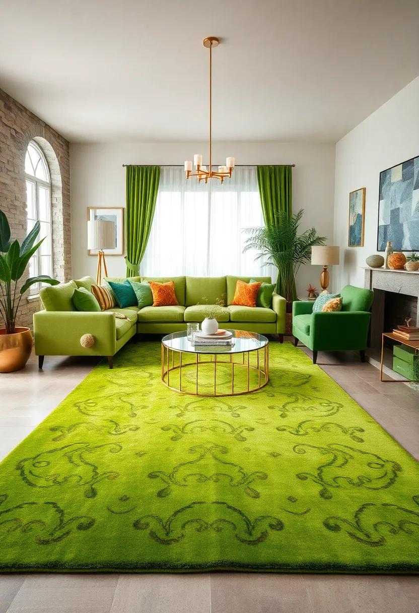 Green ⁣Area Rugs: Lay​ down a​ plush green⁢ area ⁢rug‍ to anchor your seating area ⁤and add⁤ a pop of color that complements the surrounding decor