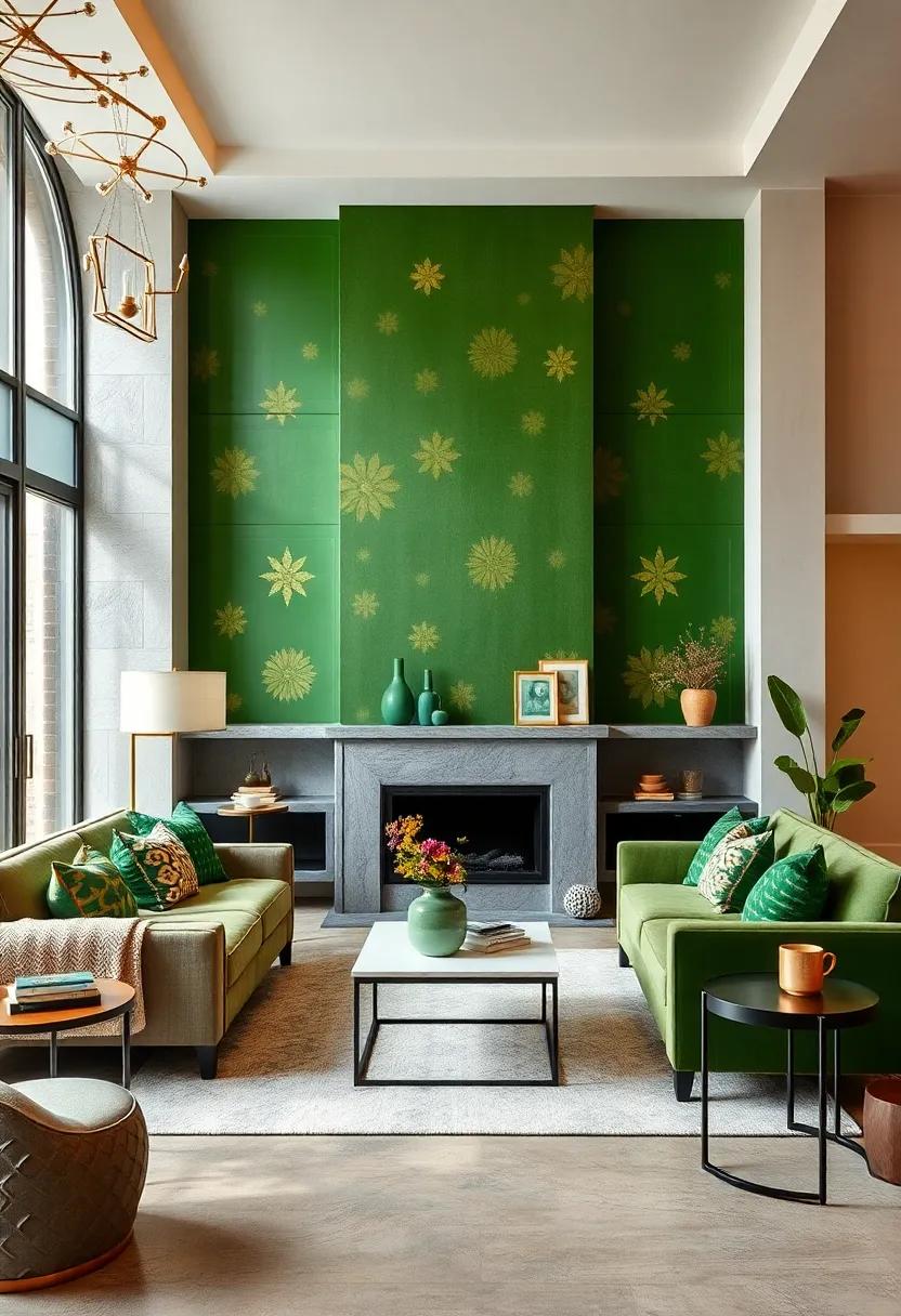 Green Accent ⁢walls​ with Gold Stencils: Get⁣ creative by adding gold stenciled patterns⁤ on a green accent wall for a unique ⁣and⁤ artistic design element