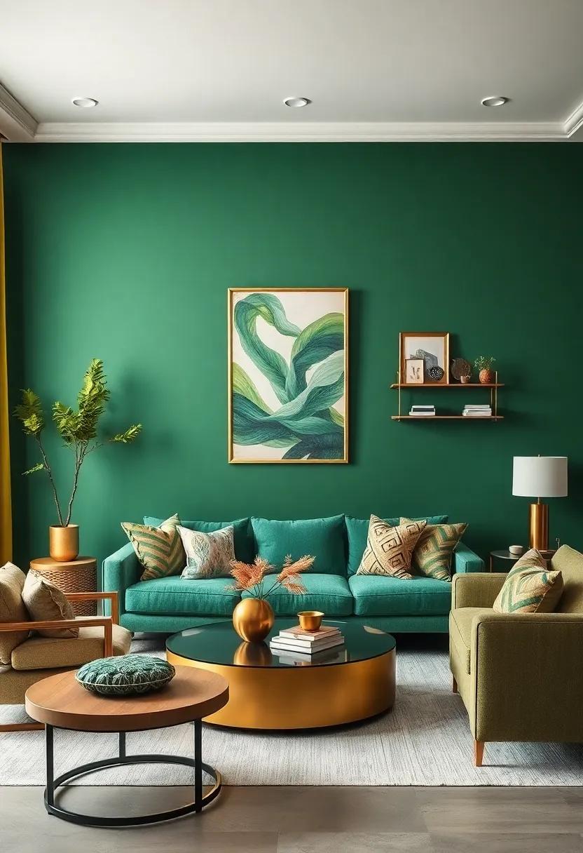Statement⁣ Wall: Paint one wall in a deep ⁤green shade ⁣while keeping the others ⁤neutral,then​ adorn⁣ it with‌ gold-framed‍ artwork or ⁢shelves for a striking look